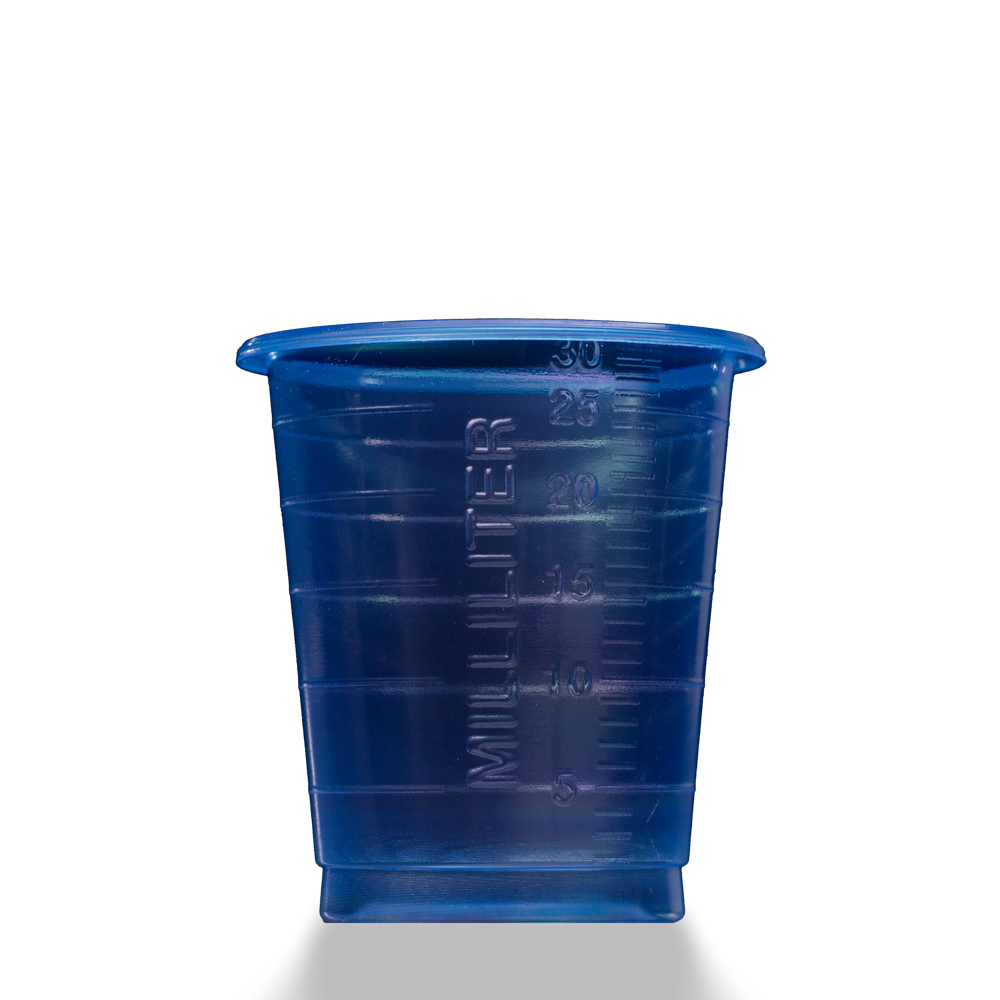 Vaso de medicina desechable PP Eco, 30 ml, graduado, azul, Med-Comfort Eco: comprar vaso de polipropileno médico producido de forma sostenible con función de medición para la dosificación de líquidos y la dispensación de medicamentos como suministros de s