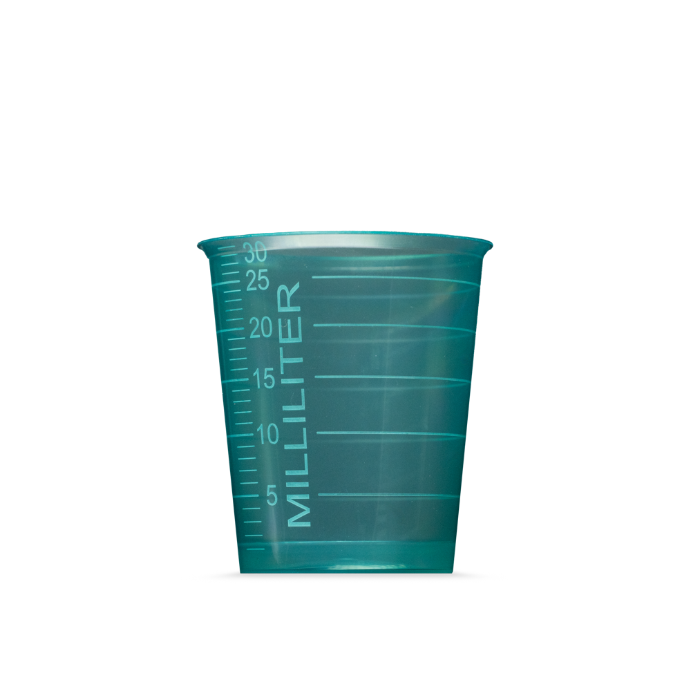 Vaso de medicina de PP, color verde, 30 ml, graduado: comprar vasos de polipropileno para la toma de medicamentos o para la dosificación de líquidos y la distribución de medicamentos como material de sala.