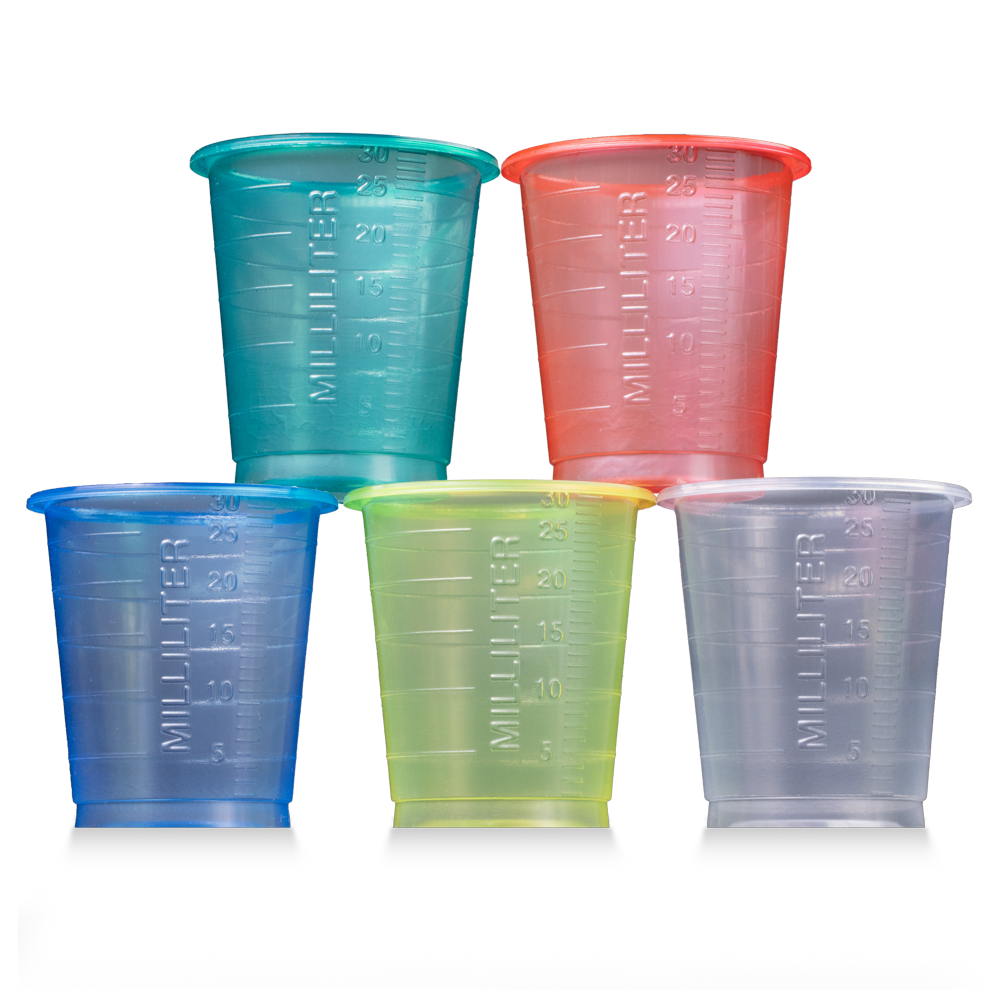Vaso desechable de PP para medicamentos, 30 ml, graduado, azul, rojo, verde, transparente, amarillo, Med-Comfort Basic: comprar vaso de polipropileno de producción sostenible con función de medición para la dosificación de líquidos y la dispensación de me
