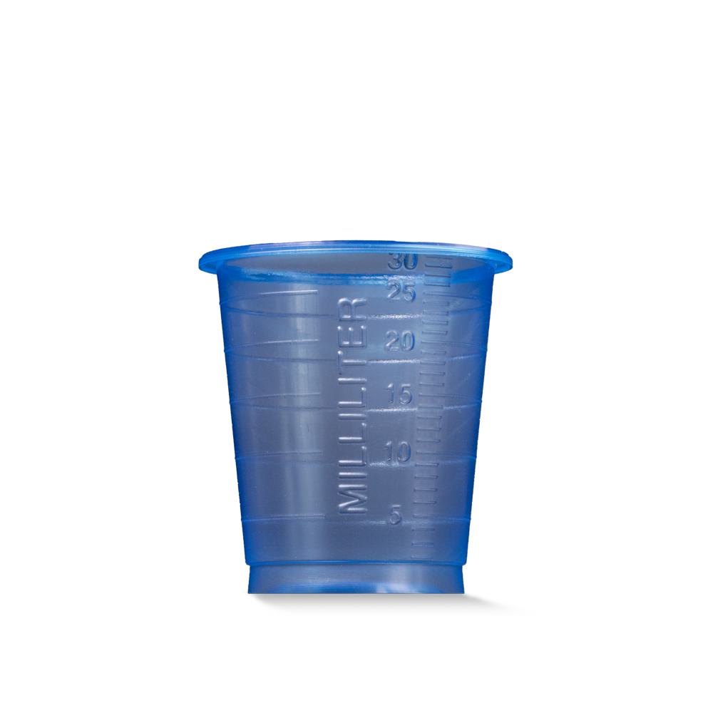 Vaso de medicina desechable de PP, 30 ml, graduado, azul, Med-Comfort Basic: comprar Vaso de polipropileno médico, producido de forma sostenible, con función de medición para la dosificación de líquidos y la dispensación de medicamentos, como material de