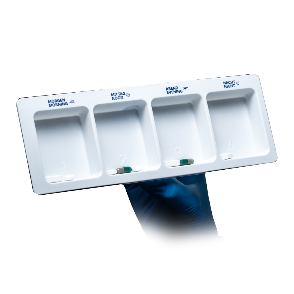 PP Dispensador de medicamentos desechable, 4 compartimentos, 22 x 8 x 2 cm, blanco, Med-Comfort: comprar blíster deslizante de polipropileno extra grande con horas impresas del día para almacenar las necesidades diarias de medicamentos como suministros de