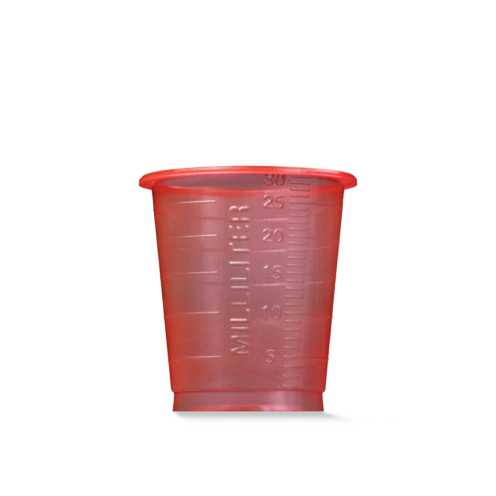 Vaso de medicina desechable de PP, 30 ml, graduado, rojo, Med-Comfort Basic: comprar vaso de polipropileno de uso médico, fabricado de forma sostenible, con función de medición para la dosificación de líquidos y la dispensación de medicamentos como materi