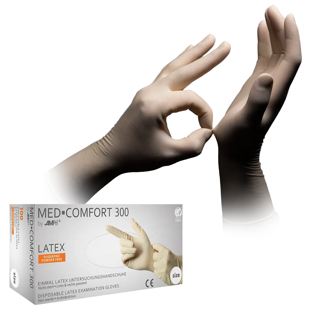 Guantes de látex, blanco, talla M, sin polvo, Med-Comfort 300: comprar guantes desechables de látex para protección y examen.