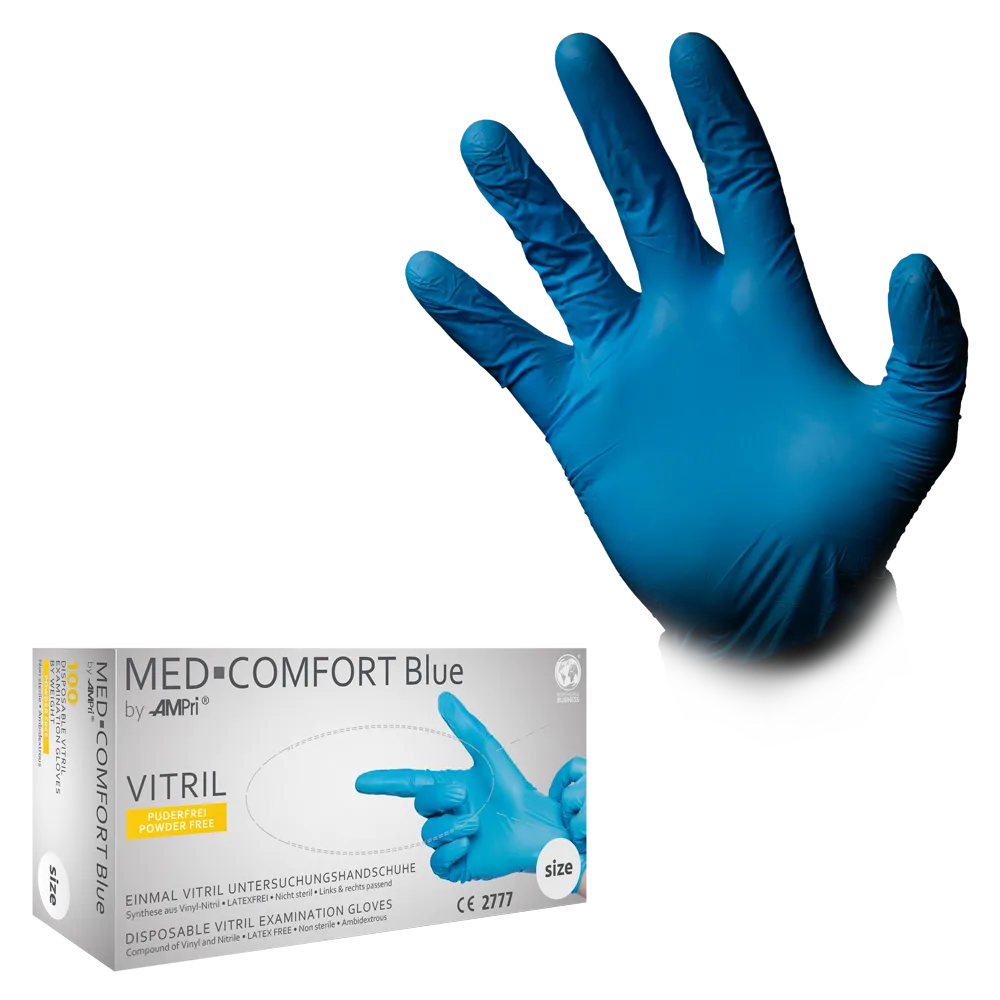 Guantes de vitrilo, azul, talla M, sin polvo, Med-Comfort blue de vitrilo: comprar guantes desechables de vitrilo y guantes de protección como EPI.