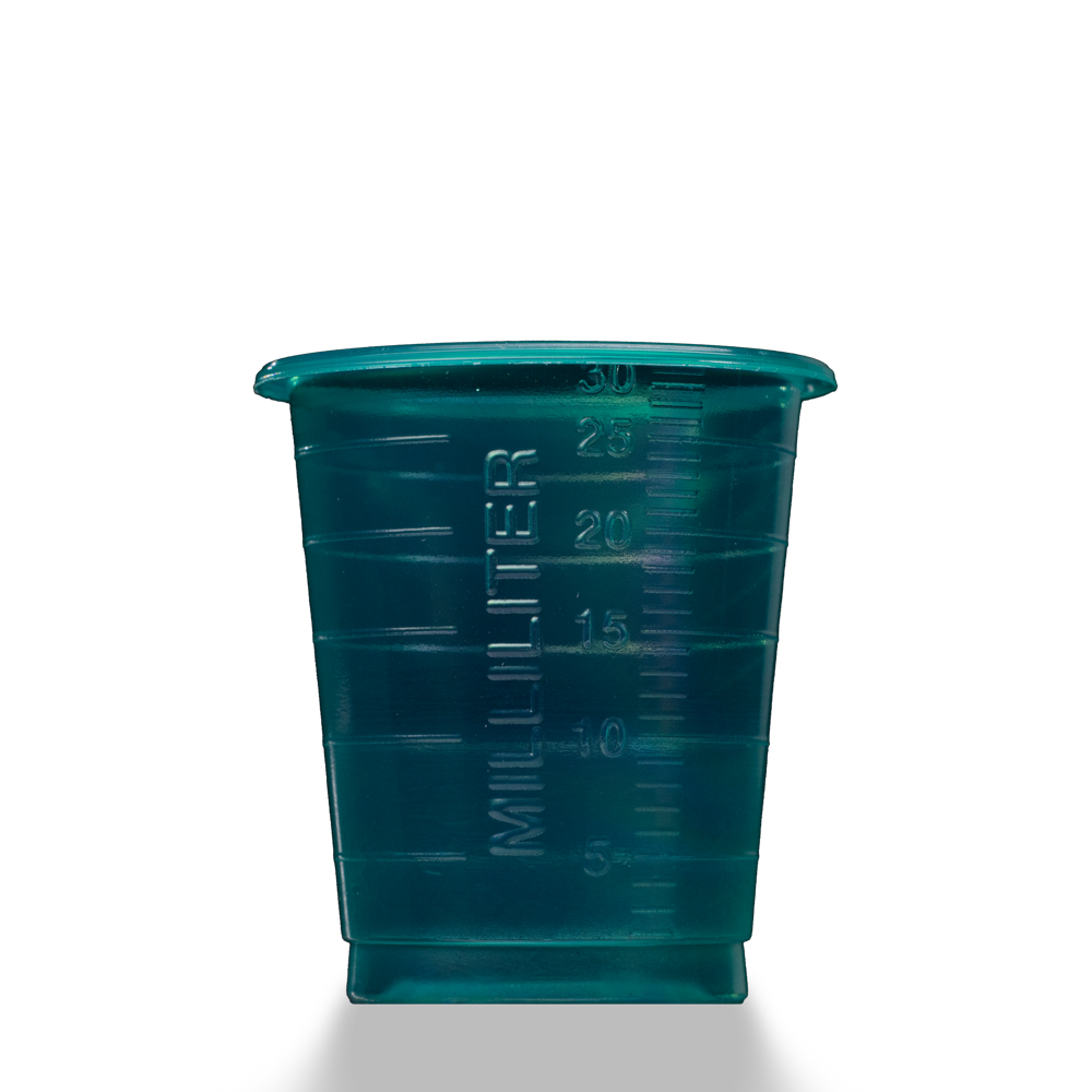 Vaso de medicina desechable PP Eco, 30 ml, graduado, verde, Med-Comfort Eco: comprar vaso de polipropileno de uso médico, fabricado de forma sostenible, con función de medición para la dispensación de líquidos y la distribución de medicamentos como materi