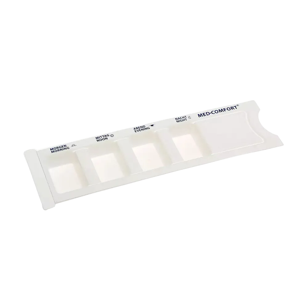 PP Dispensador de medicamentos desechable, 4 compartimentos, 22,2 x 6 x 1,5 cm, blanco, Med-Comfort: comprar blíster deslizante de polipropileno con horas impresas del día para almacenar las necesidades diarias de medicamentos como suministros de la sala