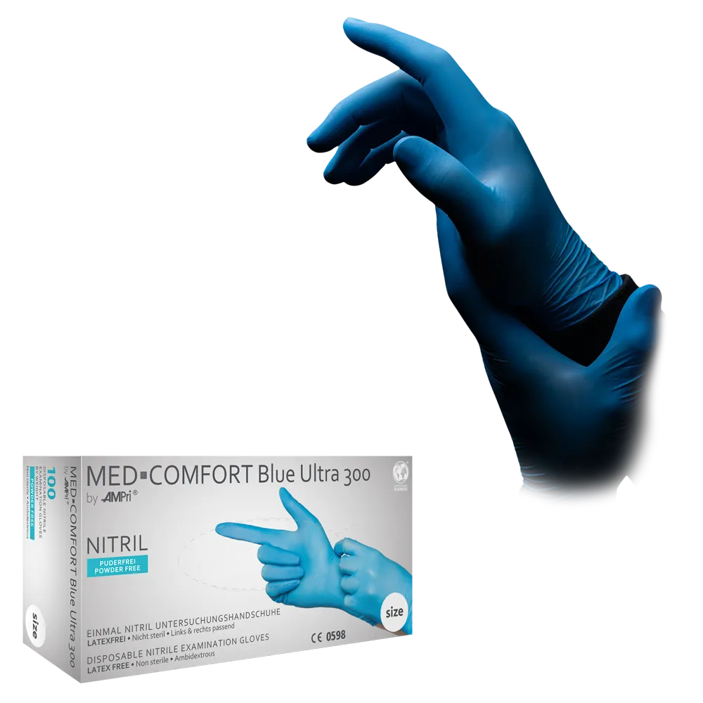 Guante de nitrilo, resistente y largo, azul, talla M, sin polvo, Med-Comfort blue Ultra 300