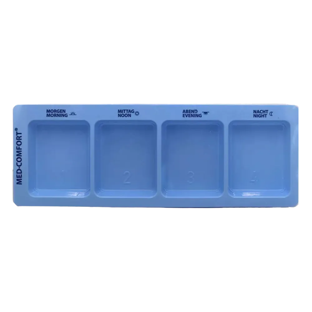 Dispensador de medicamentos desechable de PP, 4 compartimentos, 22 x 8 x 2 cm, azul, Med-Comfort: comprar el blíster deslizante de polipropileno extragrande con los horarios diarios impresos para almacenar las necesidades diarias de medicamentos como sumi