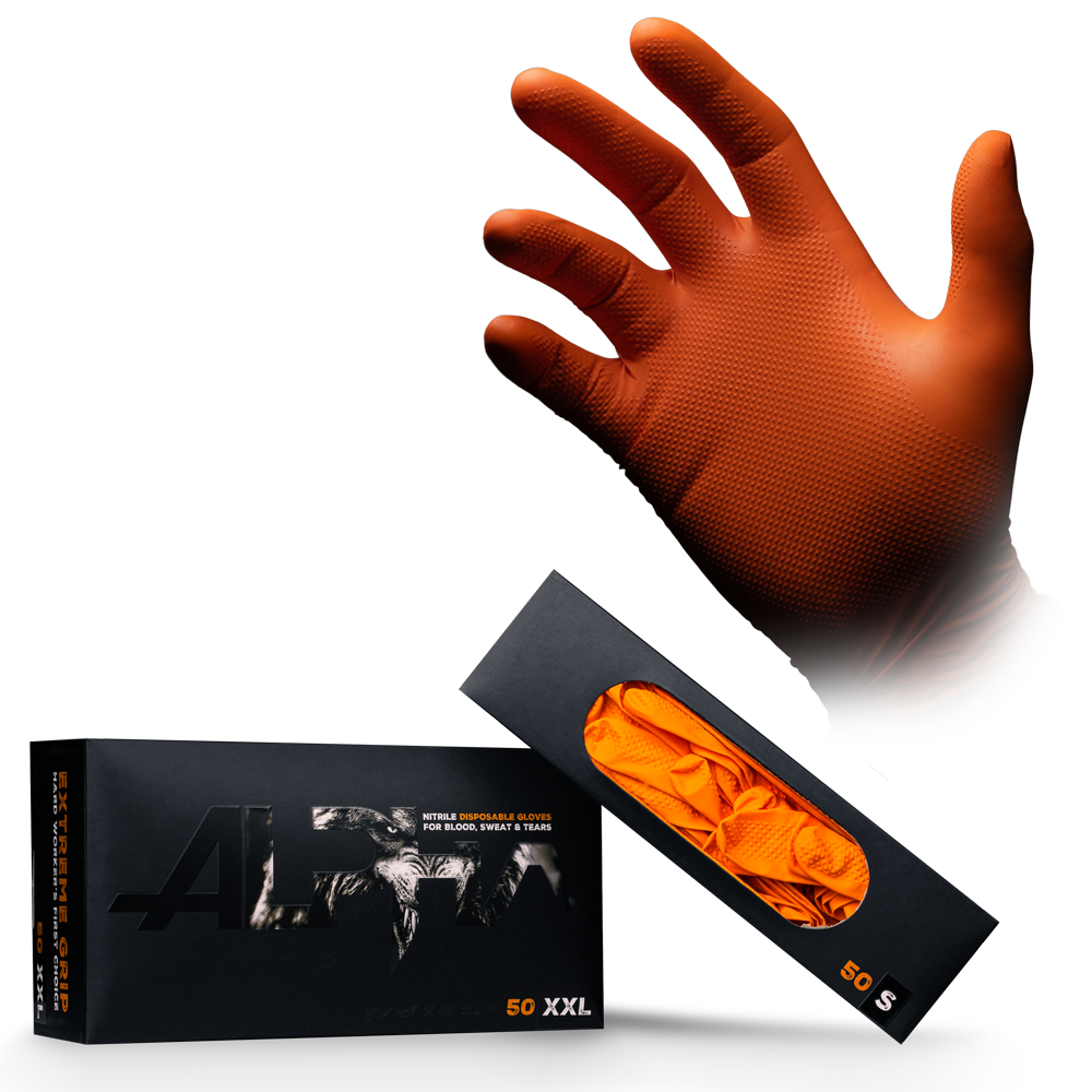 Guante de nitrilo desechable High Grip, talla M, naranja, ALPHA