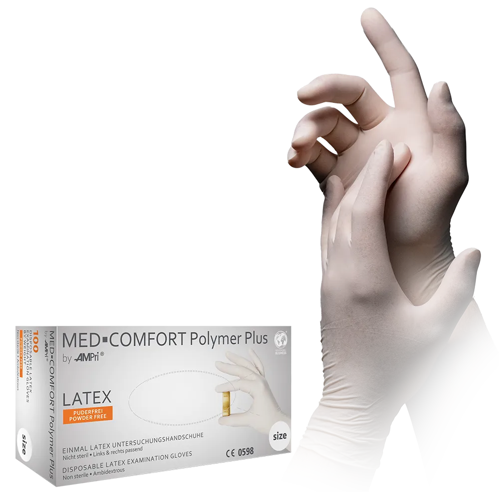 Guantes de látex, beige claro, talla M, sin polvo, Med-Comfort Polymer Plus: comprar guantes desechables de látex como guantes de examen y guantes de protección.