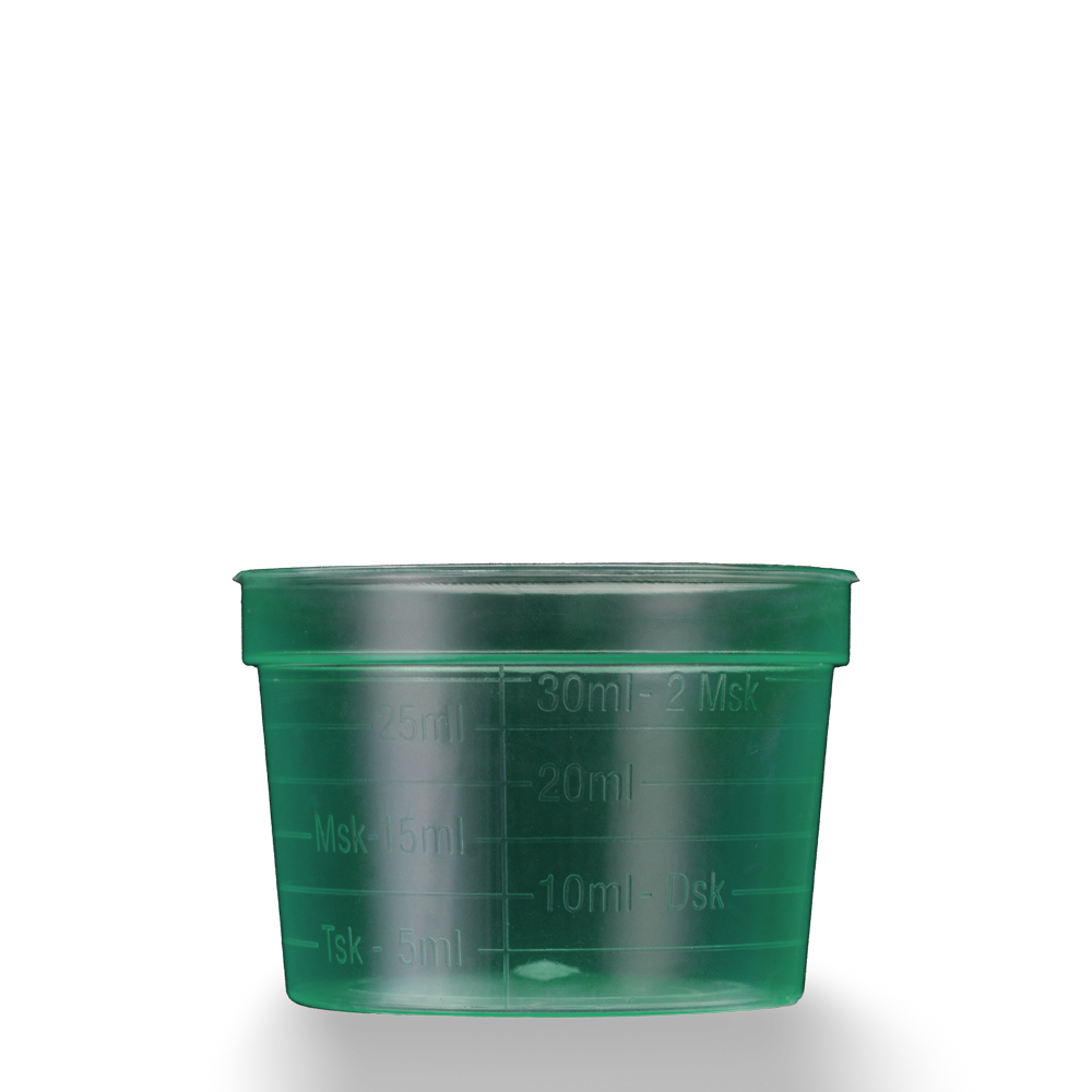 Vaso para medicamentos de PP, color verde, ancho, 30 ml, graduado: comprar vasos de polipropileno para la toma de medicamentos o para la dosificación de líquidos y la distribución de medicamentos como material de sala.