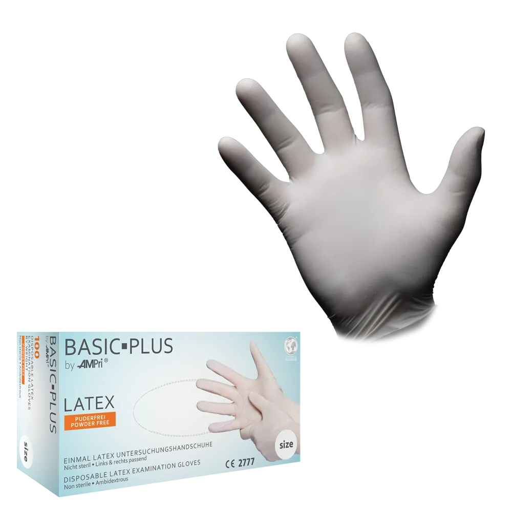 Guantes de látex, blanco, talla XS, sin polvo, Basic-Plus: comprar guantes desechables de látex para examen y protección.