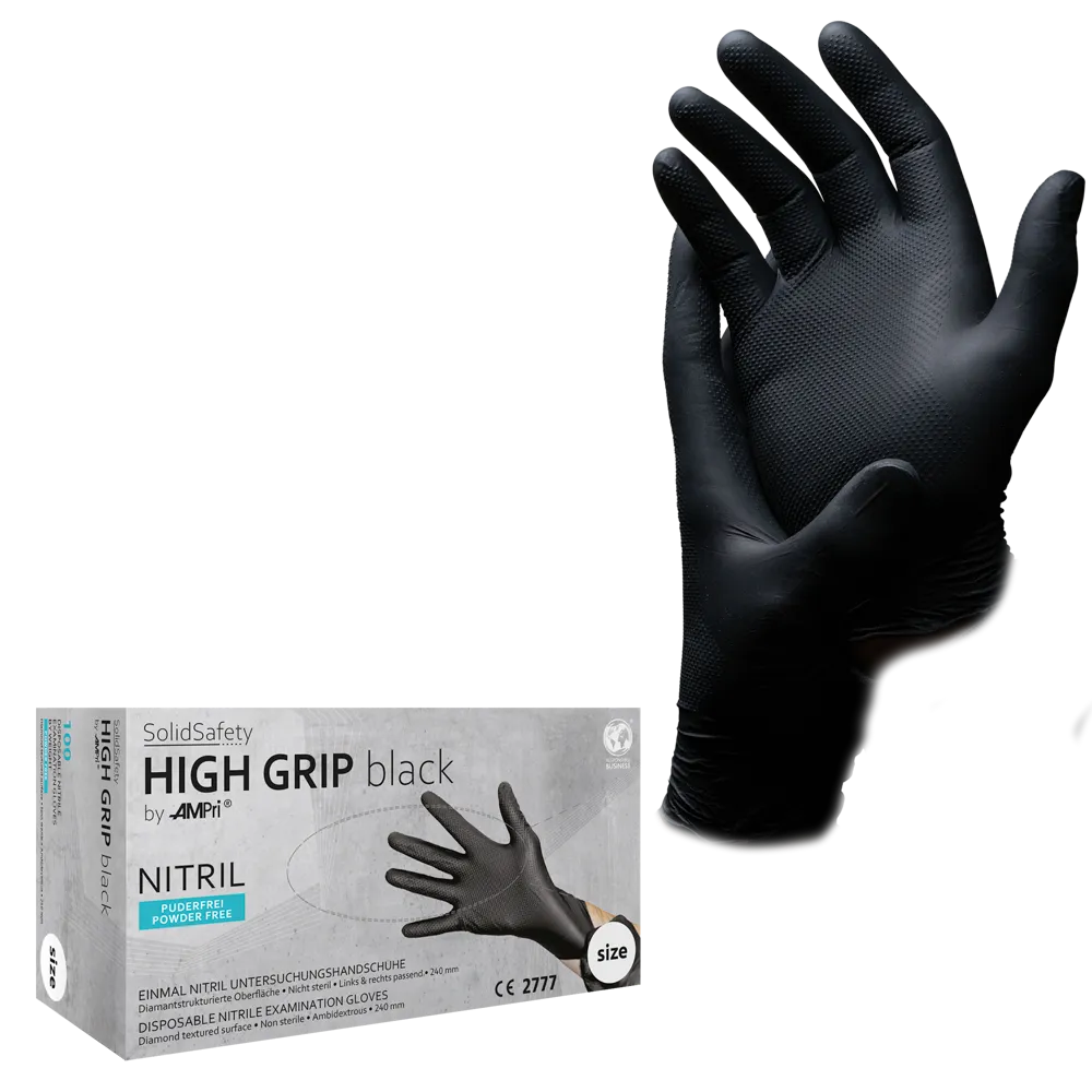 Guante de nitrilo desechable High Grip, talla M, negro, SolidSafety