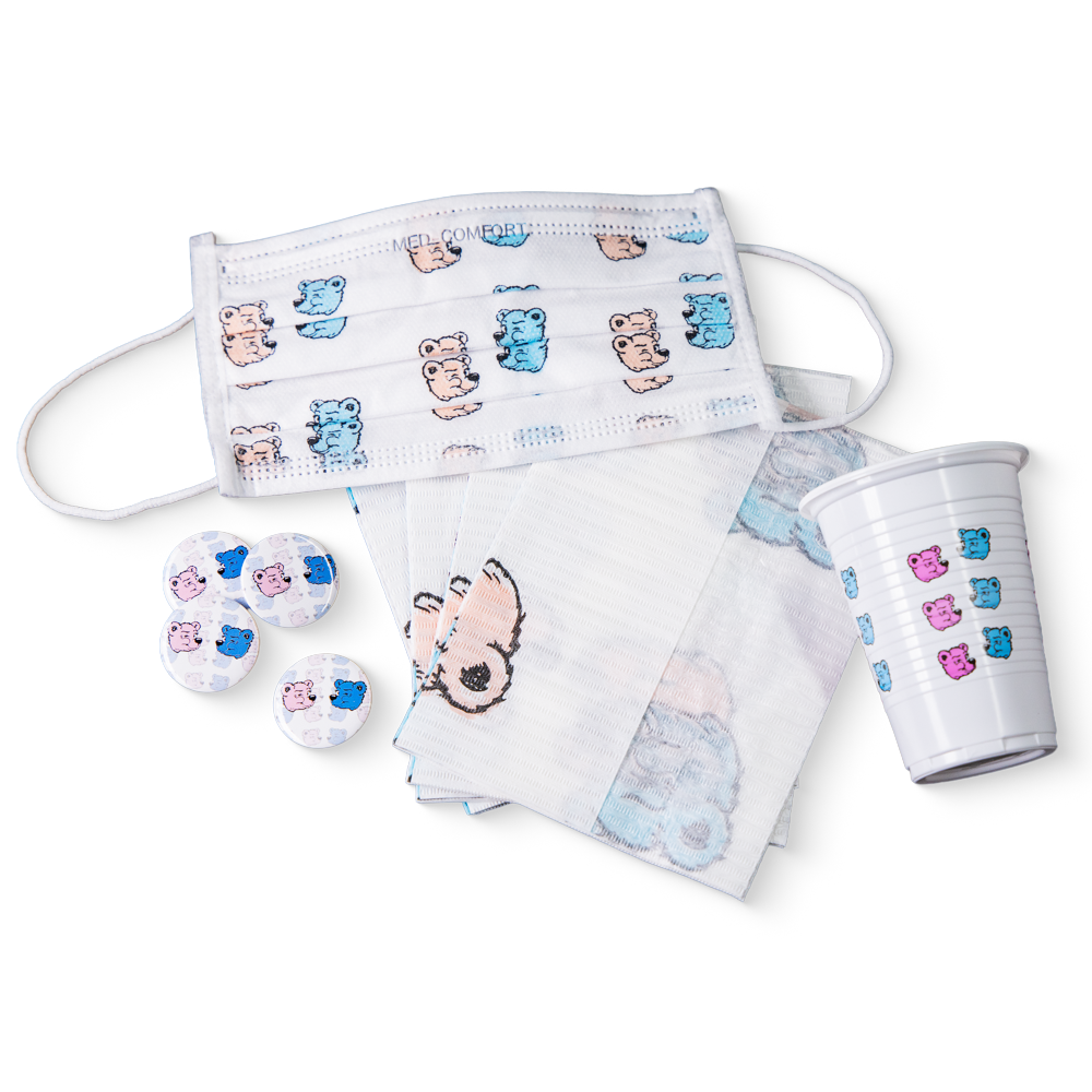 Dental Happy Kids Set, Bear Print: comprar el dental Kids Set con botones de pin, máscaras desechables como protectorses bucales, servilletas para el paciente y vasos de enjuague bucal para que los niños sean felices durante los tratamientos dentales.