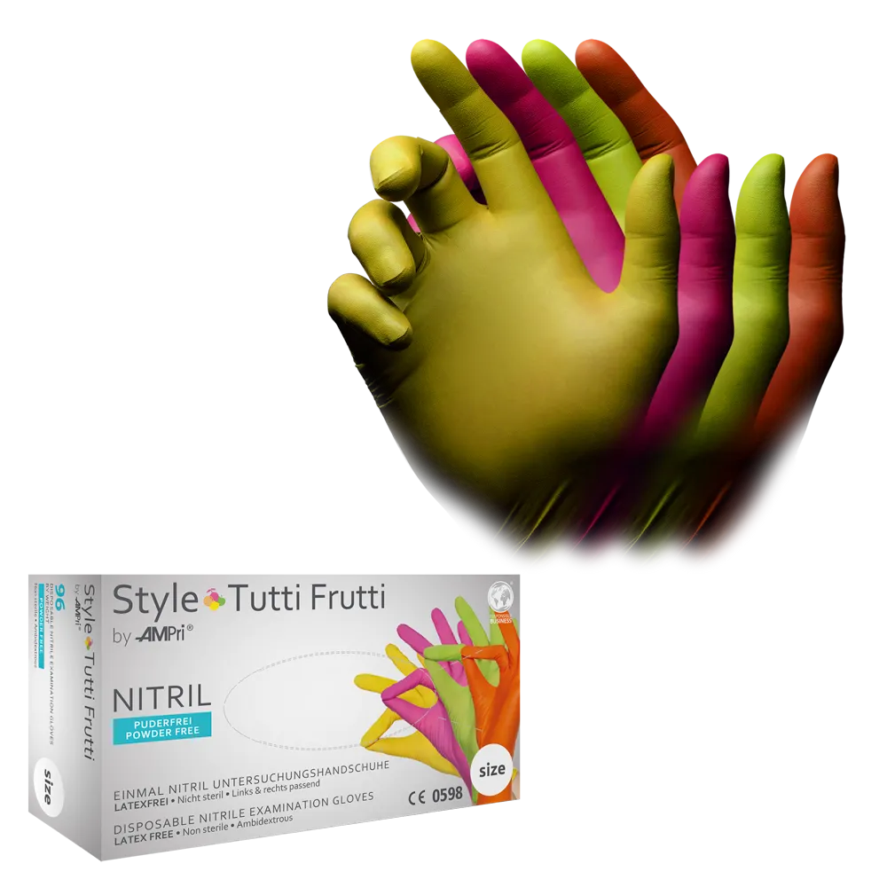 Guantes de nitrilo, mezcla de colores, talla XL, sin polvo, estilo tutti frutti de Med-Comfort: comprar guantes desechables de nitrilo como guantes de protección y guantes de examen de nitrilo.