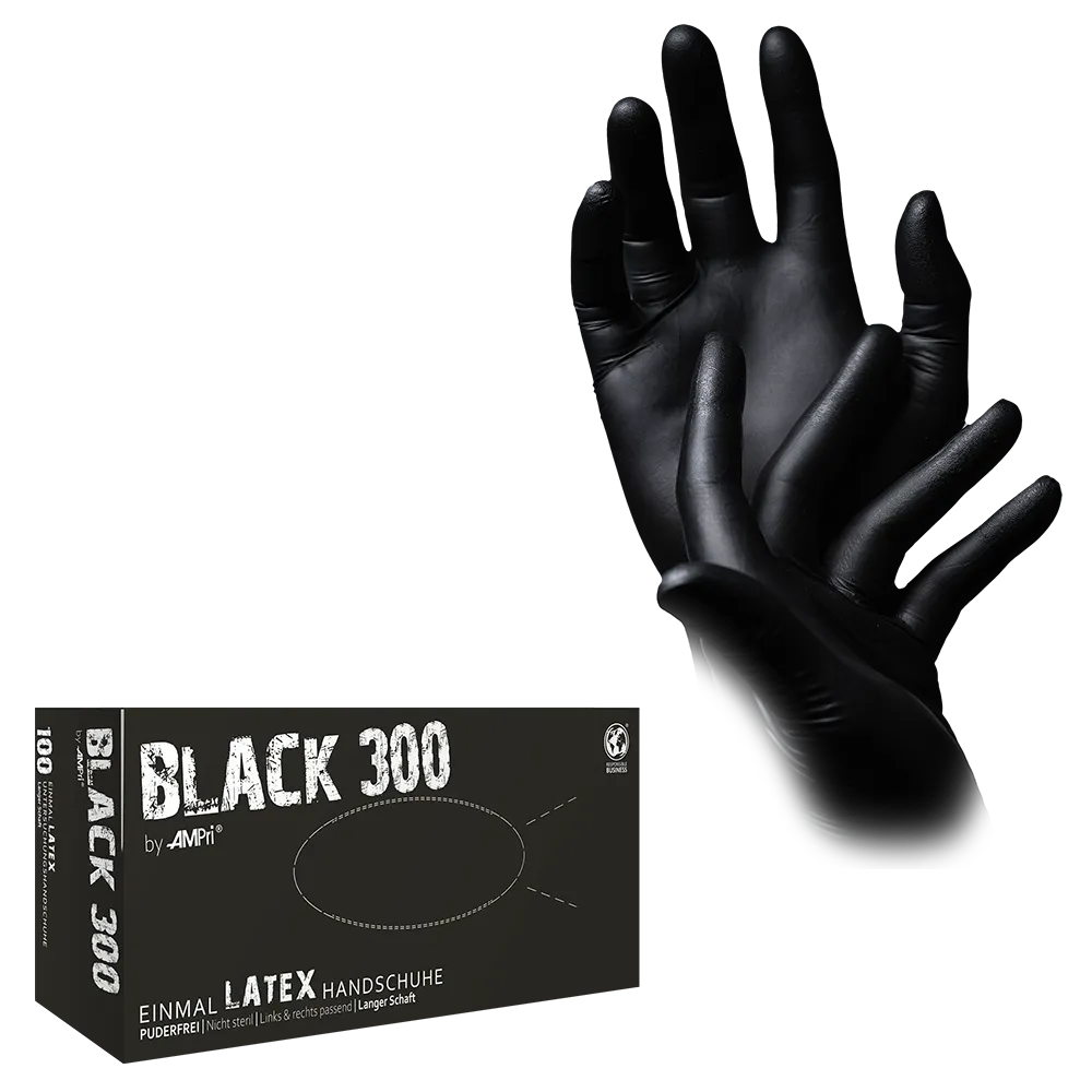Guantes de látex con longitud extra, negro, talla M, sin polvo, Black 300 Latex: comprar guantes desechables para examen y guantes de protección de látex.