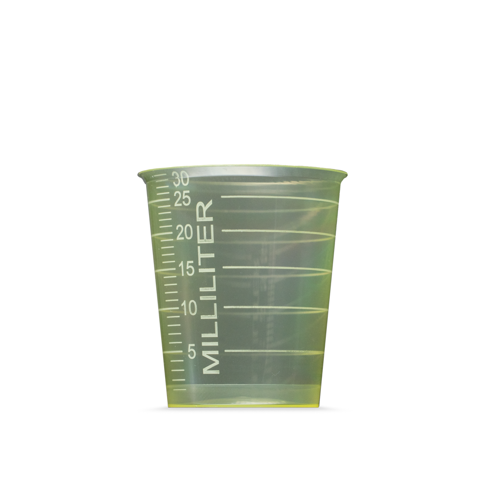 Vaso para medicamentos de PP, color amarillo, 30 ml, graduado: comprar vasos de polipropileno para tomar medicamentos o para dosificar líquidos y dispensar medicamentos como material de sala.