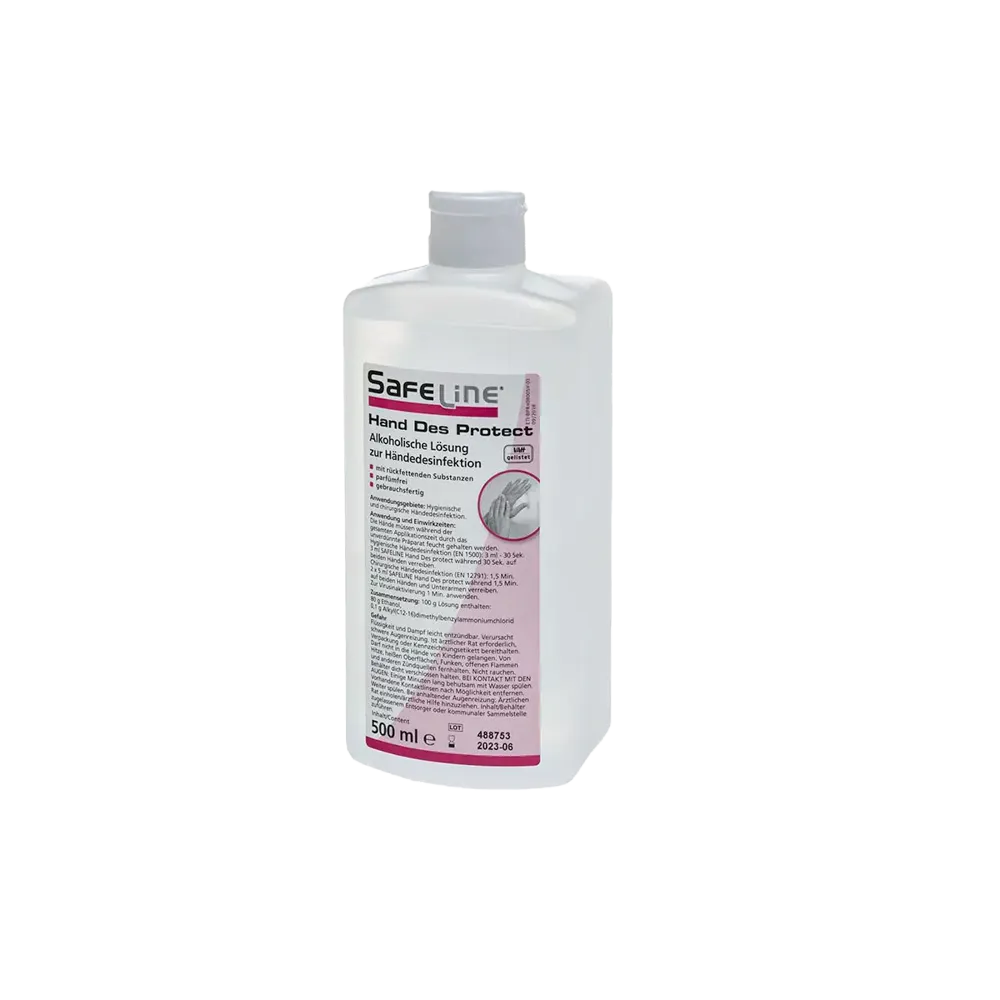 Desinfección de manos, 500 ml, Safeline Hand Des Protect: comprar desinfectante de manos hidratante, listo para usar, para una limpieza higiénica para aplicar sobre la piel.