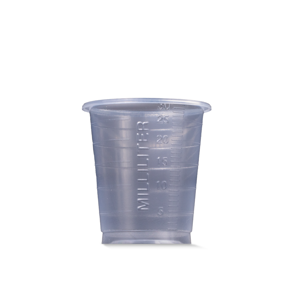 Vaso de medicina desechable de PP, 30 ml, graduado, transparente, Med-Comfort Basic: comprar vaso de polipropileno de uso médico, fabricado de forma sostenible, con función de medición para la dosificación de líquidos y la dispensación de medicamentos com