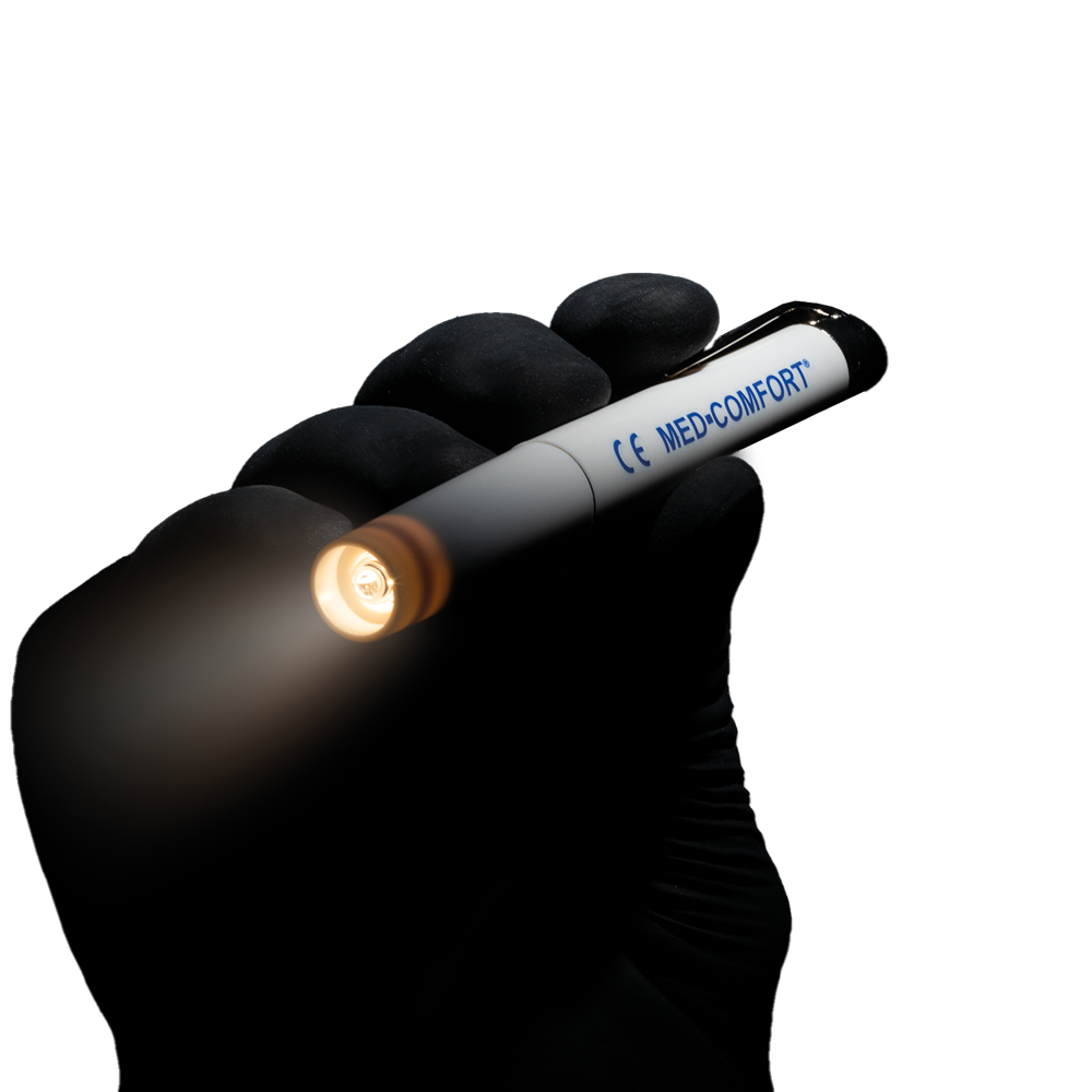 Luz de diagnóstico, color blanco, con pilas de larga duración, Med-Comfort: comprar luz de diagnóstico en blister para iluminar la zona de la boca y la garganta durante el examen para su uso durante el tratamiento dental.