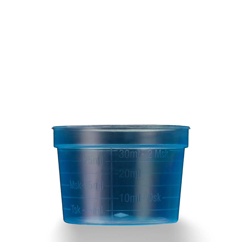Vaso para medicamentos de PP, color azul, ancho, 30 ml, graduado: comprar vasos de polipropileno para tomar medicamentos o para dosificar líquidos y dispensar medicamentos como material de sala.