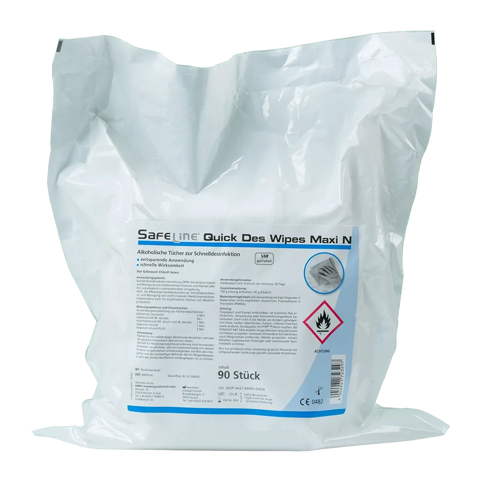 Toallitas desinfectantes, maxi set, en bolsa de pie, Safeline Quick Des Wipes: comprar toallitas a base de alcohol, listas para usar, para una rápida desinfección.