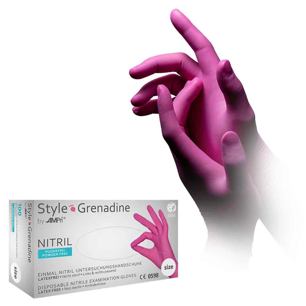 Guantes de nitrilo, magenta, pink, talla S, sin polvo, estilo Granadina de Med-Comfort