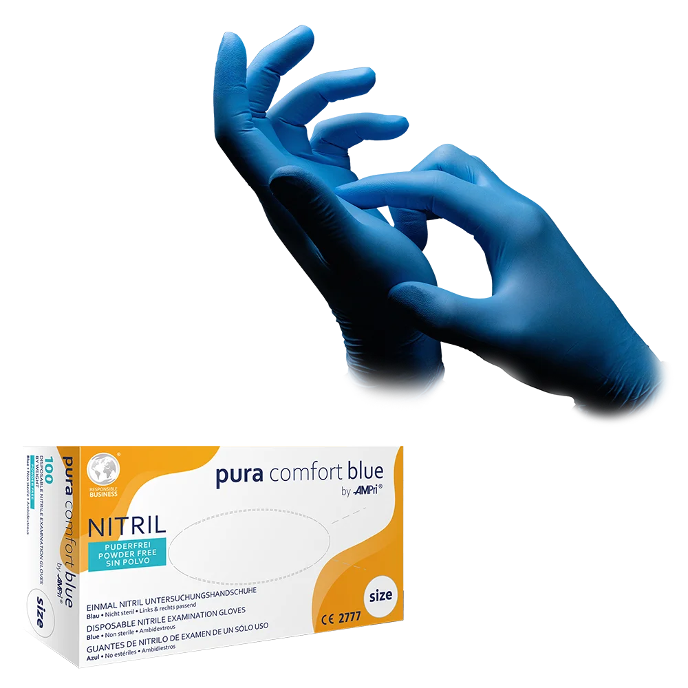 Guantes de nitrilo, azul, talla XL, sin polvo, Puracomfort Azul: comprar guantes desechables de nitrilo como guantes de protección y guantes de examen de nitrilo.
