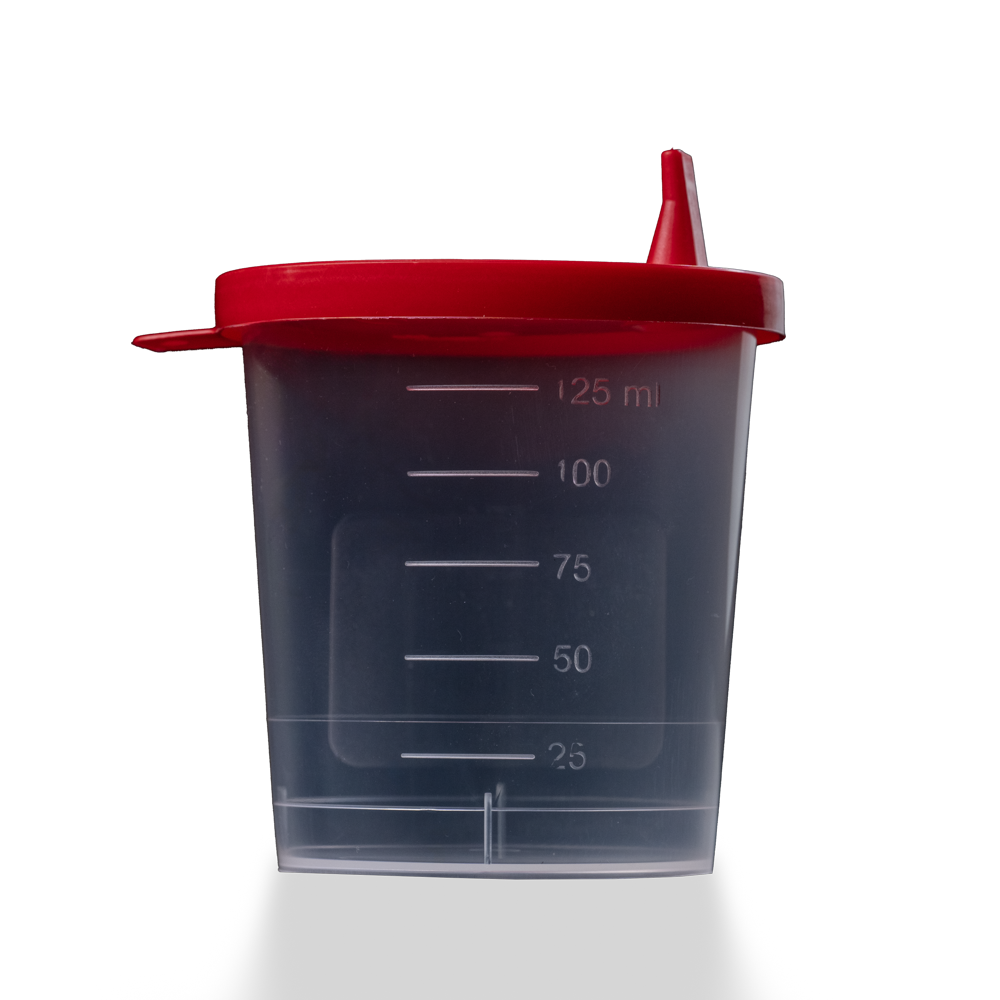 Recipiente de recogida de orina de PP con tapa a presión, 125 ml, color transparente, rojo