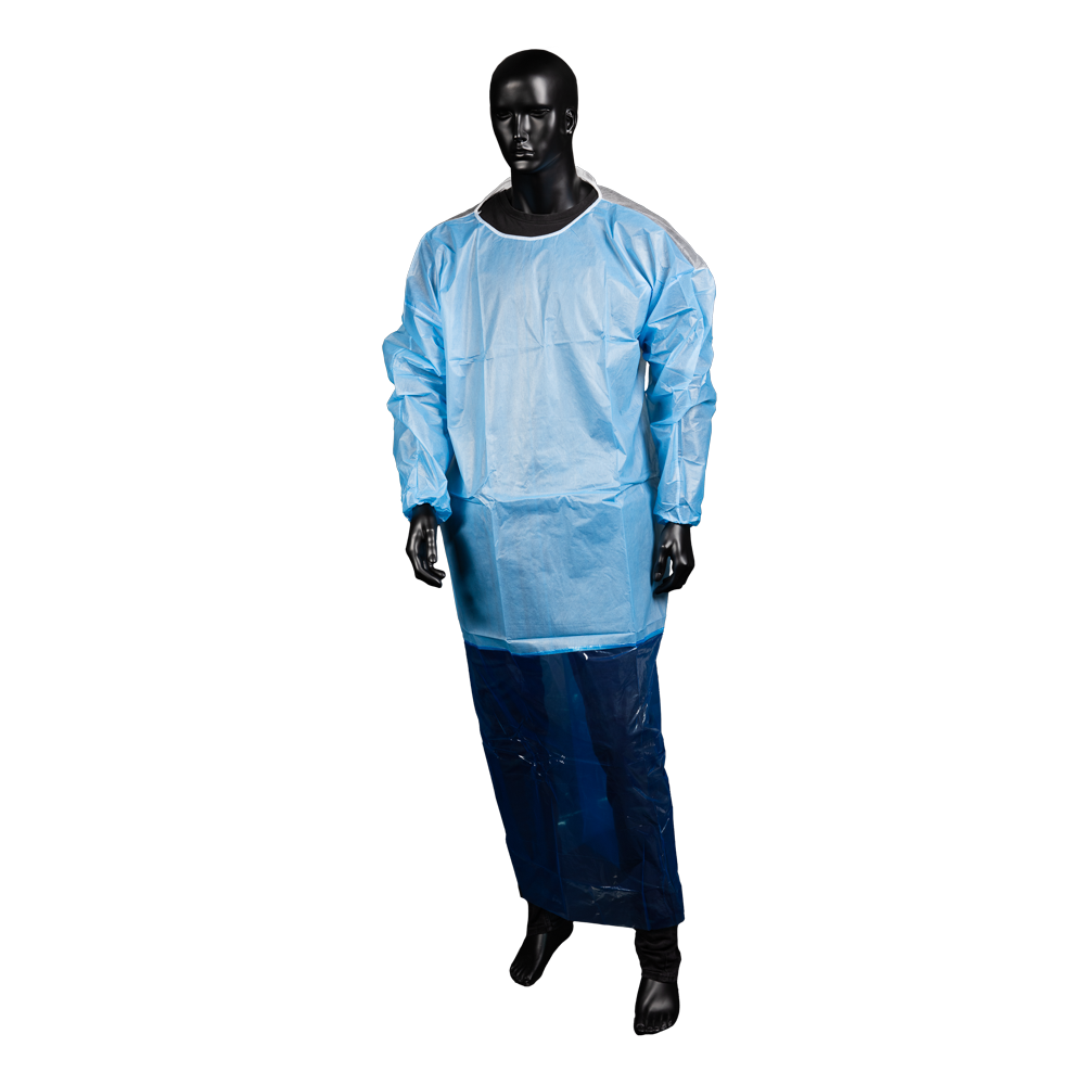 Bata de PP con delantal incorporado, azul, Med-Comfort: comprar bata desechable de PP para la higiene y la seguridad.