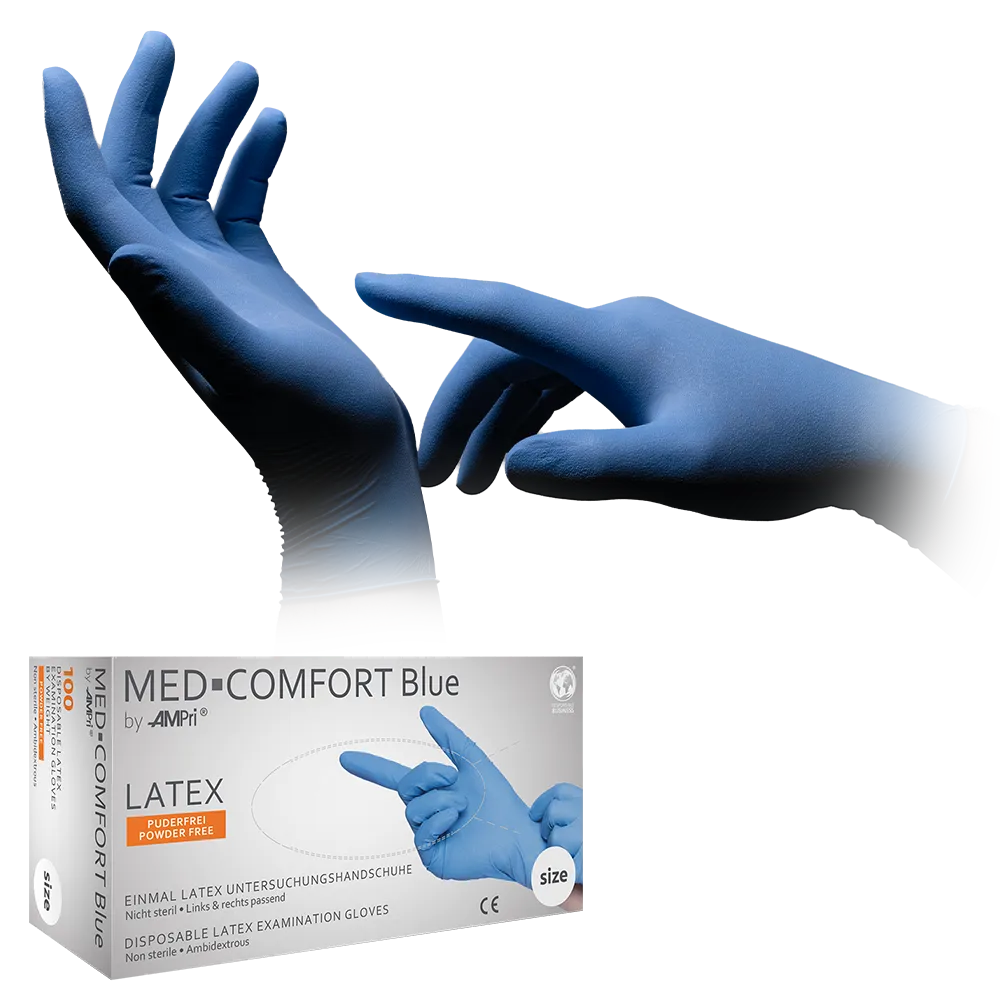 Guantes de látex, azul, talla M, sin polvo, Med-Comfort Azul