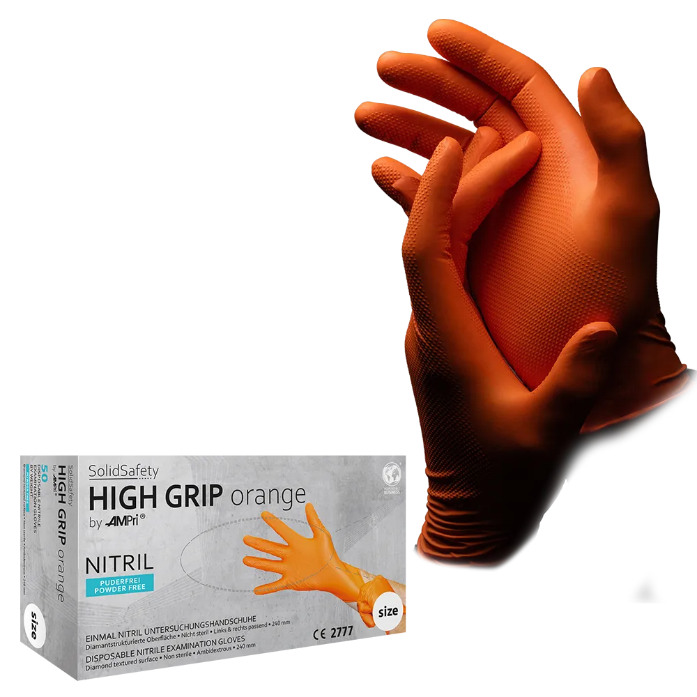 Guante de nitrilo desechable High Grip, talla M, naranja, SolidSafety