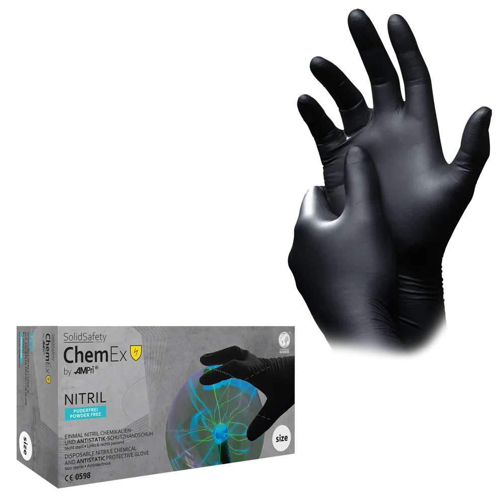 Guante de protección de nitrilo, M, negro, SolidSafety Chem Ex guante de nitrilo