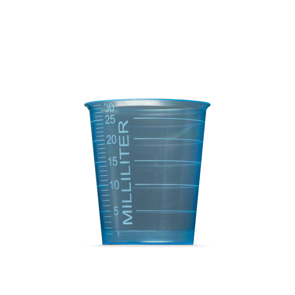 Vaso para medicamentos de PP, color azul, 30 ml, graduado: comprar vasos de polipropileno para la toma de medicamentos o para la dosificación de líquidos y la distribución de medicamentos como suministros de sala.