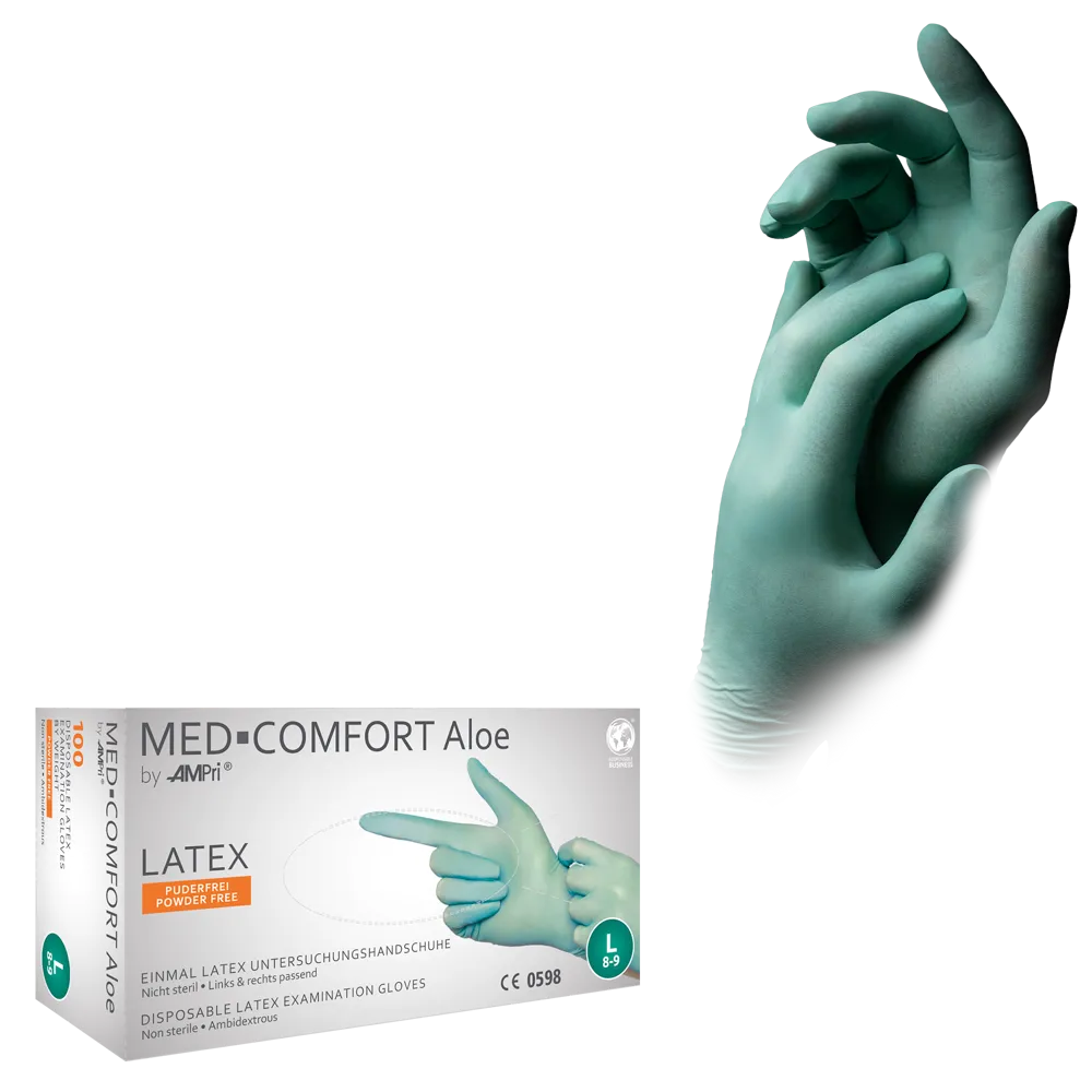 Guantes de látex, verde menta, talla M, sin polvo, Med-Comfort Aloe: comprar guantes desechables de látex como guantes de examen y guantes de protección.