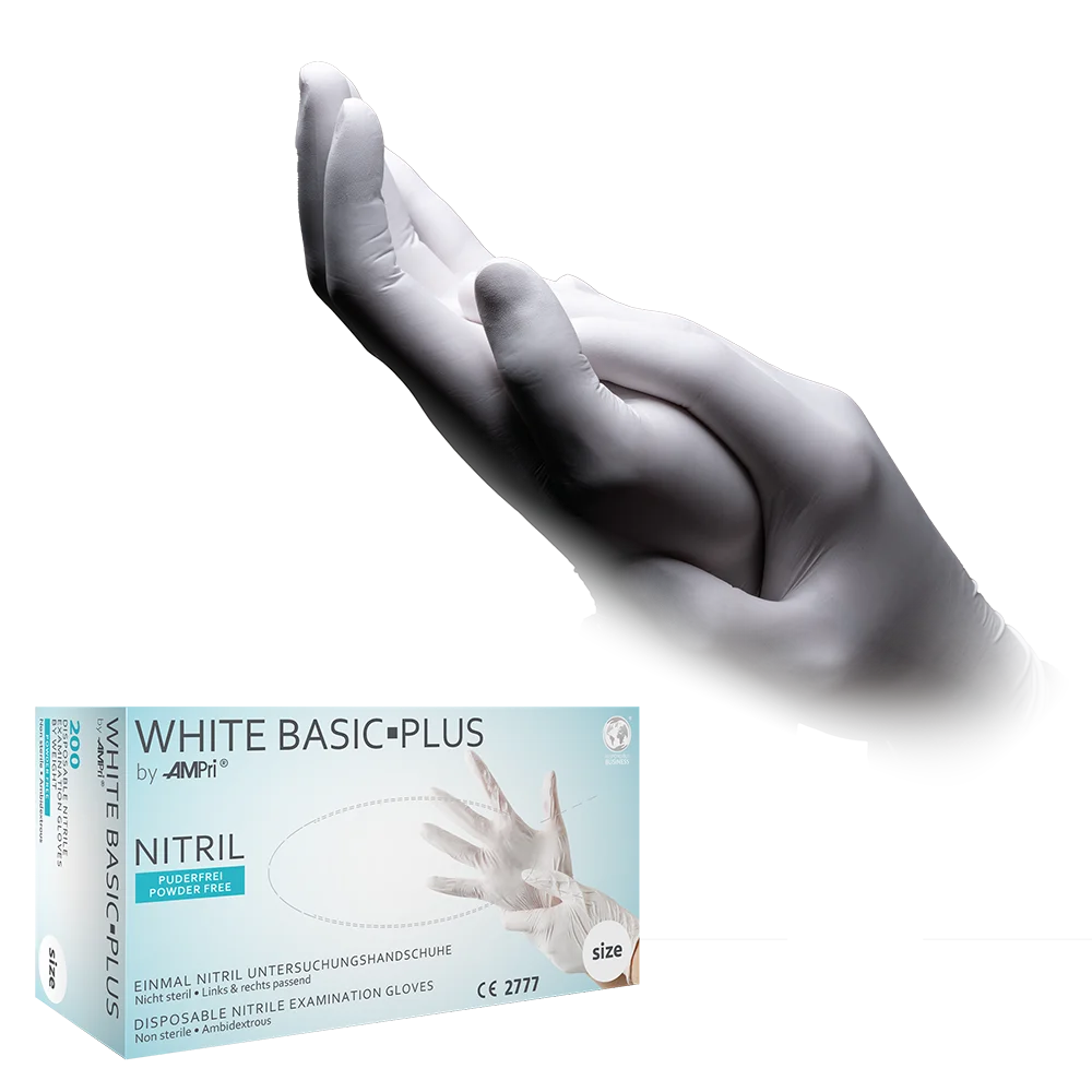 Guantes de nitrilo, blanco, talla M, sin polvo, blanco Basic-Plus