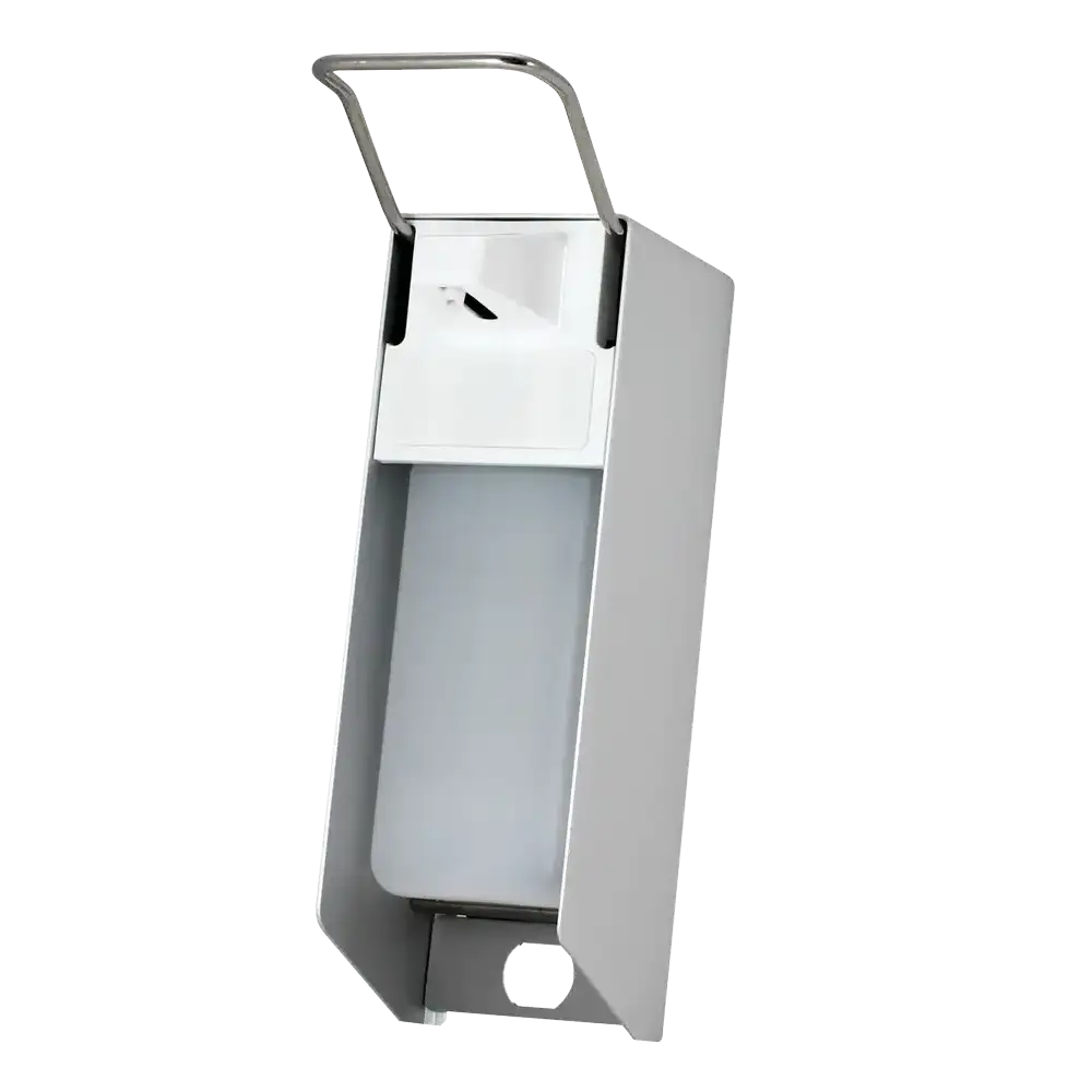 Dispensador de pared para 500 ml desinfectante y jabones líquidos, 270 x 81 x 160 mm, palanca corta: comprar dispensador de aluminio para líquidos, incluyendo la botella vacía como accesorio.