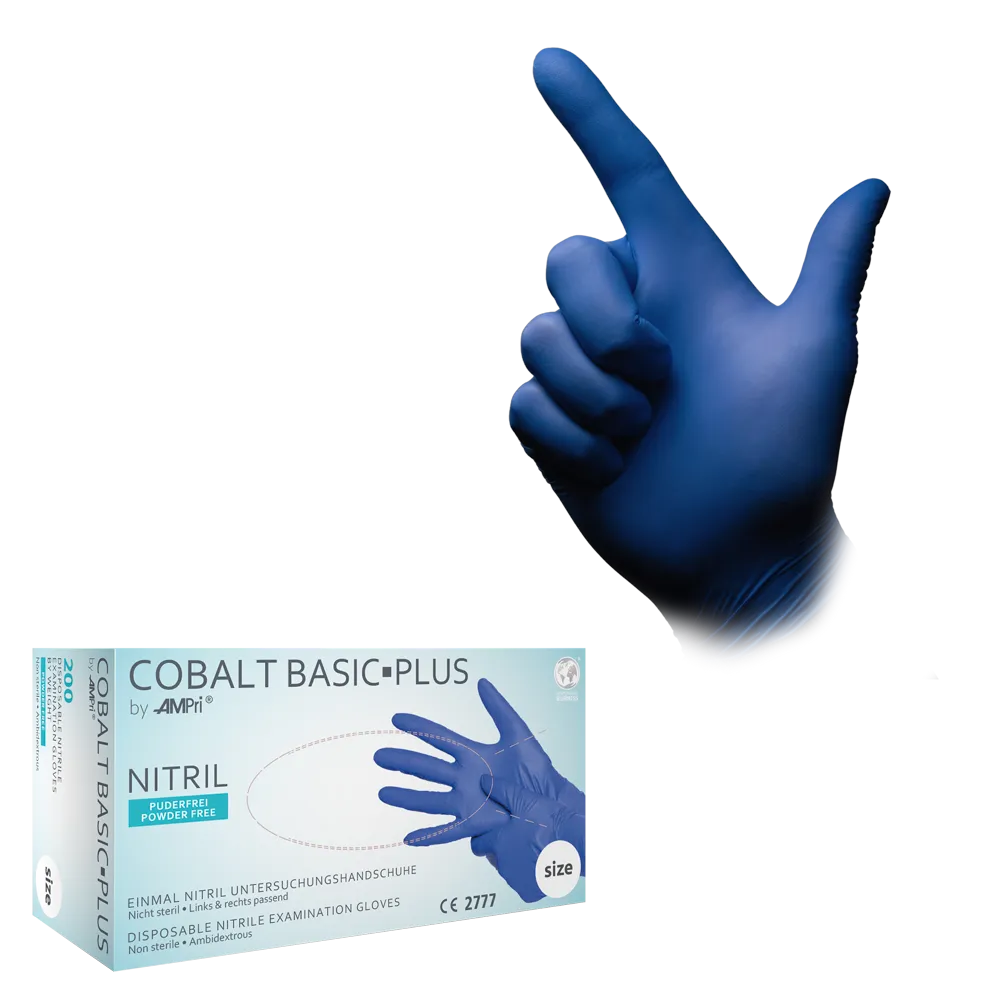 Guantes de nitrilo, azul cobalto, talla M, sin polvo, Cobalt Basic-Plus